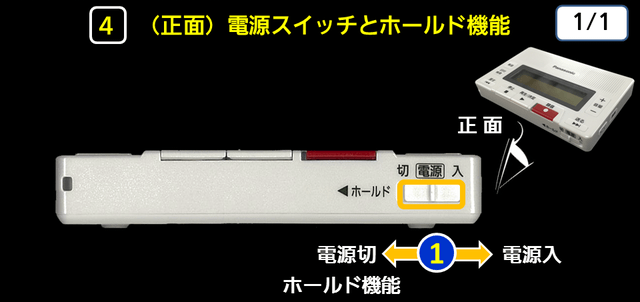 ４（正面）電源スイッチとホールド機能　下に解説テキストがあります。