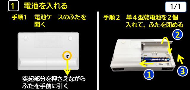 １ 電池を入れる　下に解説テキストがあります。