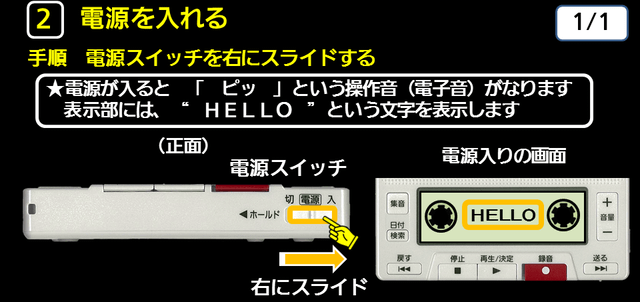 ２　電源を入れる　下に解説テキストがあります。