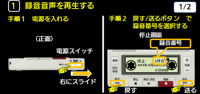 １ 録音音声を再生する　手順１　手順２　下に解説テキストがあります。